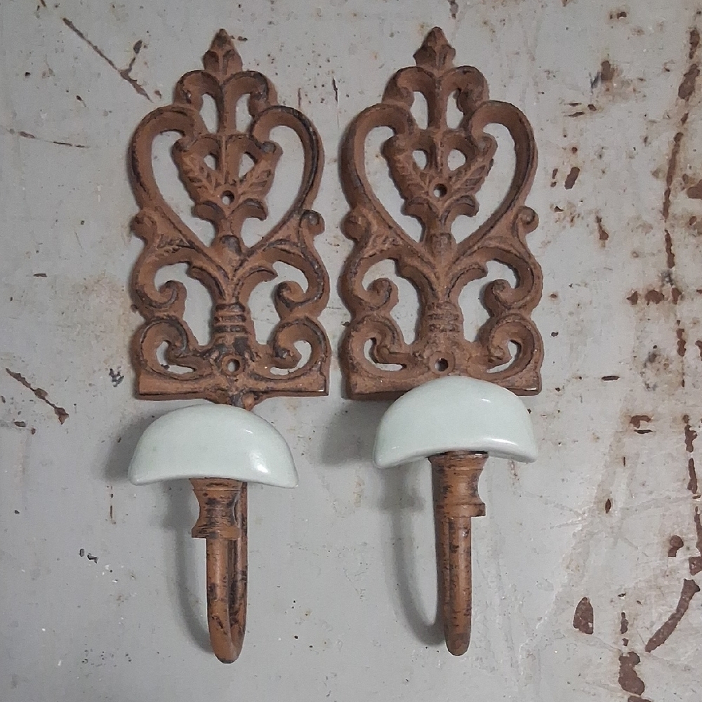 Ornate Brown Wall Hooks with White Accents